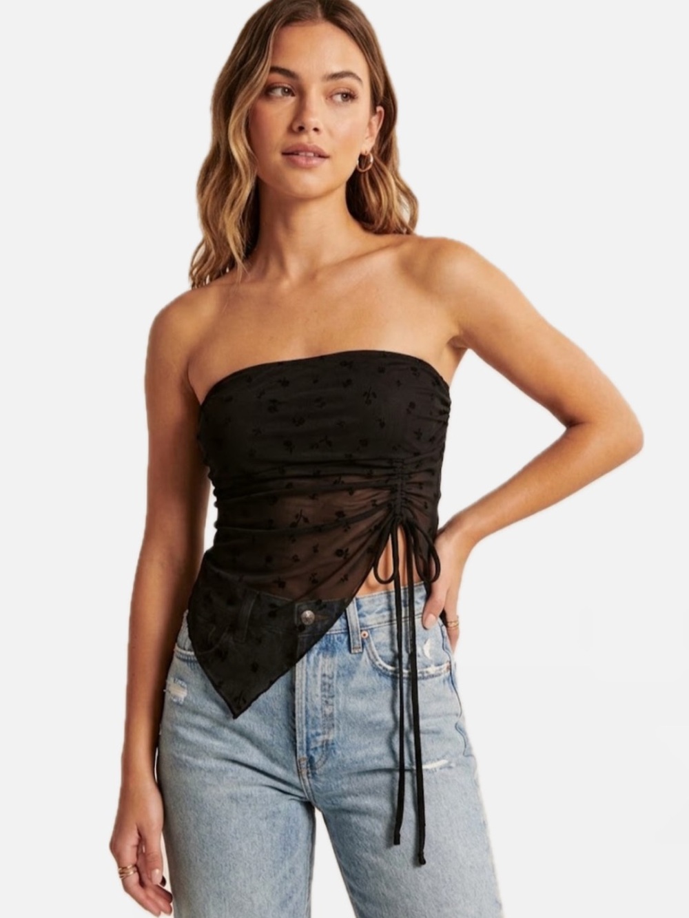 SEE YOU MONDAY WOMEN XL BLACK MESH FLORAL STRAPLESS ASYMMETRICAL TUBE TOP NWOT